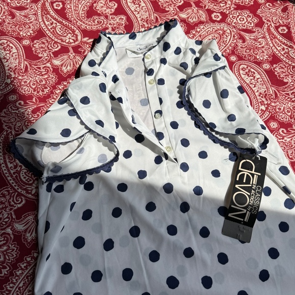 New Vintage Blouse White/Navy Polka Dots S/M - Picture 9 of 16